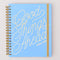 blue large 17-month planner with white 'good things ahead' and gold metallic elastic closure