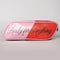reverse side of pink and red 'eraser' pencil case with cursive 'ready for anything' on the side