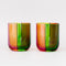 front view of set of two low ball glass set with four colors sections: pink, green, orange and red