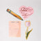 set of 4 big stickers: realistic pencil, realistic pink tulip, library card, and pink heart that says 'shhh!!! i'm at a really good part!