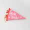 pink beaded pennant ornament with white cursive 'heck yeah!' across the front