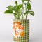 green and white checkered coffee can planter with 'FIRST RODEO COFFEE' label across the front