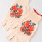 cream gardening gloves with tomato bunches and red trim