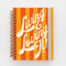 orange and red vertical stripe 12-month planner with blue elastic closure and cream cursive 'LIVING & LOVING IT!'