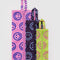 flattened set of three 3D zip set pouches: pink with blue smiley, deep purple with light blue smiley, and yellow with hot pink smiley