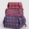 set of 3 3D zip set: pink plaid, pink tartan, and blue plaid