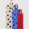 flattened set of 3 3D zip set: red polka dot, blue polka dot, and cream with black polka dots