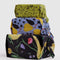 set of three 3D zip set pouches: chartreuse paisley, periwinkle golden pears, and black with winter gourd
