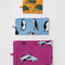 set of three flat pouches: small orange turtle, medium blue penguins and large fuchsia dolphins