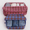 set of 2 large packing set with blue plaid and pink plaid with clothing inside