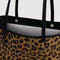 up close of reversible leopard tote with black interior