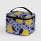light blue puffy lunch bag with golden pear print and black zipper and handle