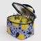 silver interior of light blue puffy lunch bag with golden pear print and black zipper and handle with pears inside