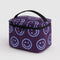 plum puffy lunch bag with periwinkle smiley print and black zipper and handle