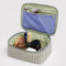 green interior of sage and white vertical stripe small cosmetic bag