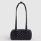 black small bowler bag with sky blue micro polka dots
