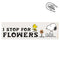 white bumper magnet with snoopy and woodstock that says "I STOP FOR FLOWERS'