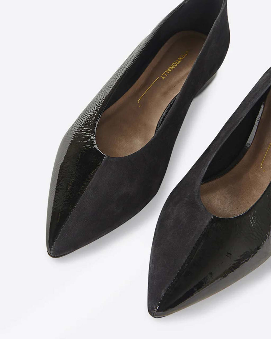 split suede black and patent black pointed flats