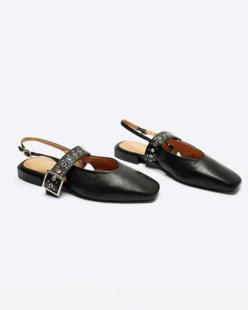 black slingback flat with large grommet buckle and square toe