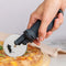 model cutting a pizza with black cat pizza cutter