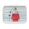 white tray with thin blue stripes with snoopy laying on his doghouse with a yellow flower over him