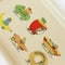 side view of cream small tray with richard scarry characters in various vehicles