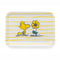 white tray with thin yellow stripes with woodstock smelling a yellow flower