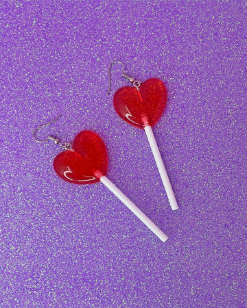 red heart lollipop dangle earrings
