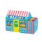 opened colorful bakery shaped box with pink, blue and white tipped matches inside