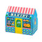packaged colorful bakery shaped box with pink, blue and white tipped matches inside
