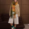 model wearing thick scarf with orange, burnt red, and moss green print and fringe