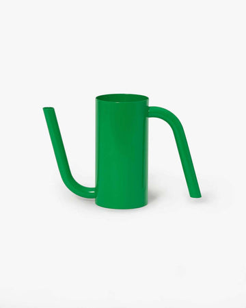 small green watering can with elongated spout and handle