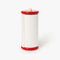 red and yellow spool paper towel holder with a roll of paper towels in it
