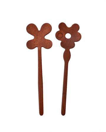 dark wood flower and clover serving spoons