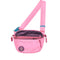 flamingo pink fanny pack with multiple pockets and blue accents