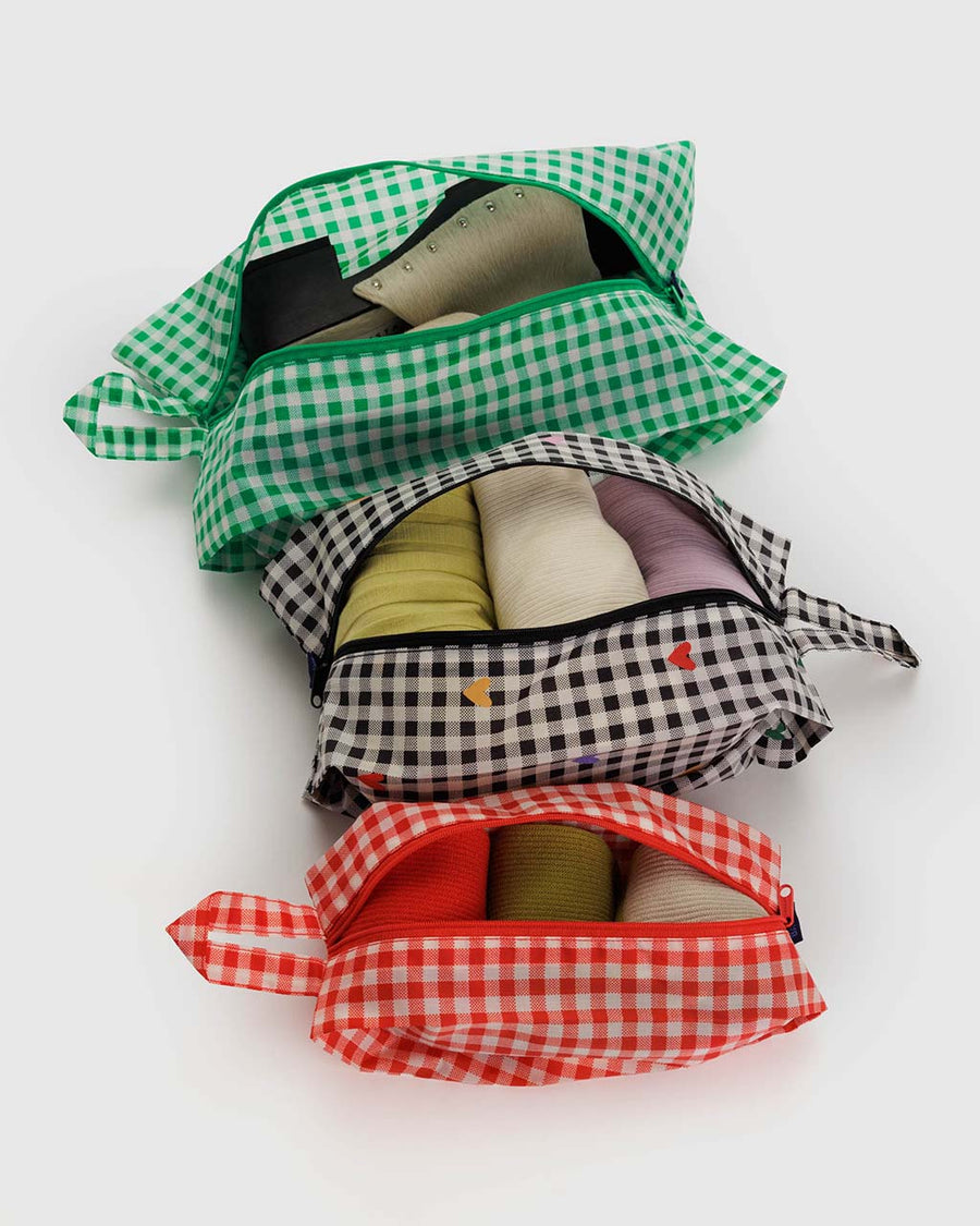 set of 3 3D zip set: red gingham, black and white heart gingham, and green gingham filled with various items