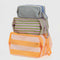 set of 3 zip pouches: small blue and yellow stripe, meduium pink and green stripe and large orange and white stripe