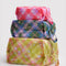 set of 3 3d zip pouches: pink plaid star, green/blue plaid star, and yellow plaid star