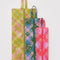 flattened set of 3 3d zip pouches: pink plaid star, green/blue plaid star, and yellow plaid star