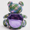 back compartment of nylon plush purple, green and pink plaid starry teddy bear crossbody purse