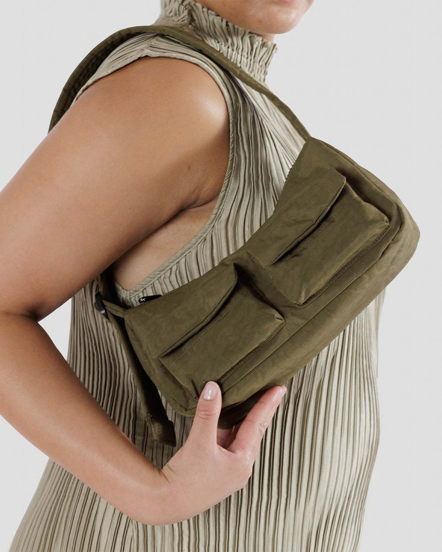 model wearing small seaweed cargo baguette bag