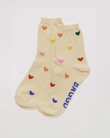 tan crew socks with colorful heart print design