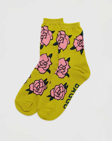 mustard yellow crew socks with pink rose print