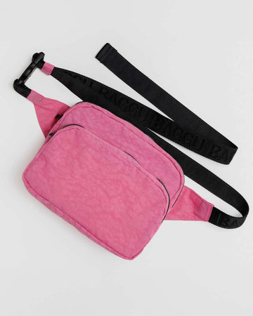 bright pink fanny pack with black strap