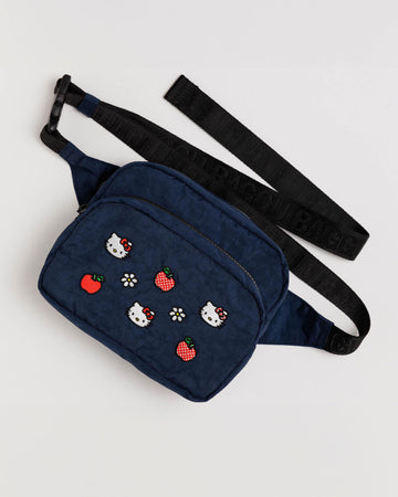 navy fanny pack with embroidered apple, hello kitty and flower design