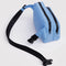 side view of sky blue fanny pack with black strap