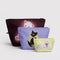set of 3 go pouch: small yellow fancy dog, lilac fancy cat, and large mahogany fancy teddy bear