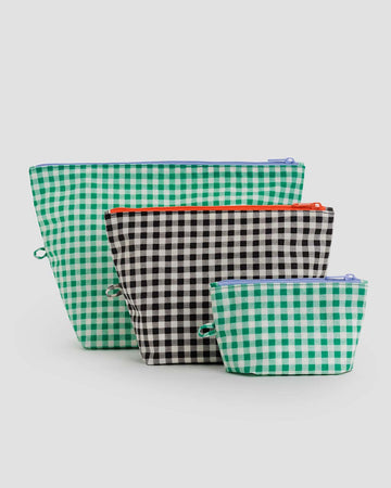 set of 3 go pouch set: two green gingham, and black gingham with red trim
