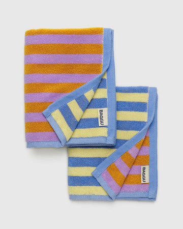 set of 2 hand towels: pink/orange stripe and yellow/blue stripe