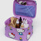 purple large cosmetic bag with hello kitty and yellow tulips print with self care items inside